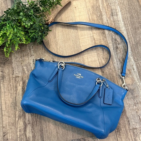 COACH Blue Pebble Leather Handbag with Shoulder Strap Brass Colored Hardware - Picture 1 of 10